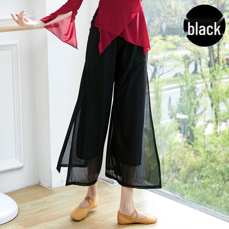Women's Modern Ethnic Jazz Mesh Wide-Leg Dance Pants with Flowy Slits