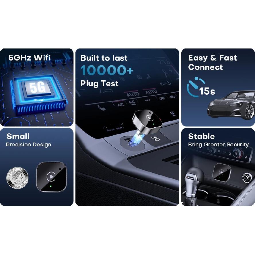 2-in-1 Wireless CarPlay Android Auto Adapter USB USB-C Dongle Plug and Play Fast Auto Connect No Delay Compact for Car Screen