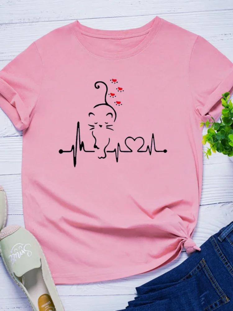 Cat Heartbeat Print Women T Shirt Short Sleeve O Neck Loose Women Tshirt Ladies Tee Shirt Tops Clothes Camisetas Mujer