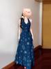 New Retro French Vacation Style Blue V-neck Neck Vest Dress Children's Summer Waist Dress