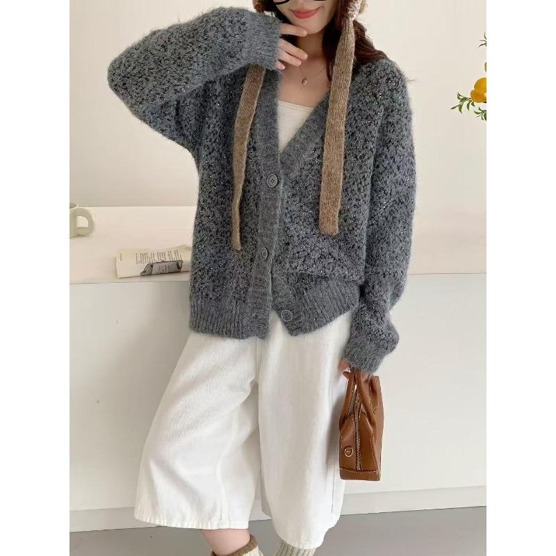 

Gentle wind knitted cardigan top women s clothing autumn and winter new lazy wind loose versatile sweater jacket One size