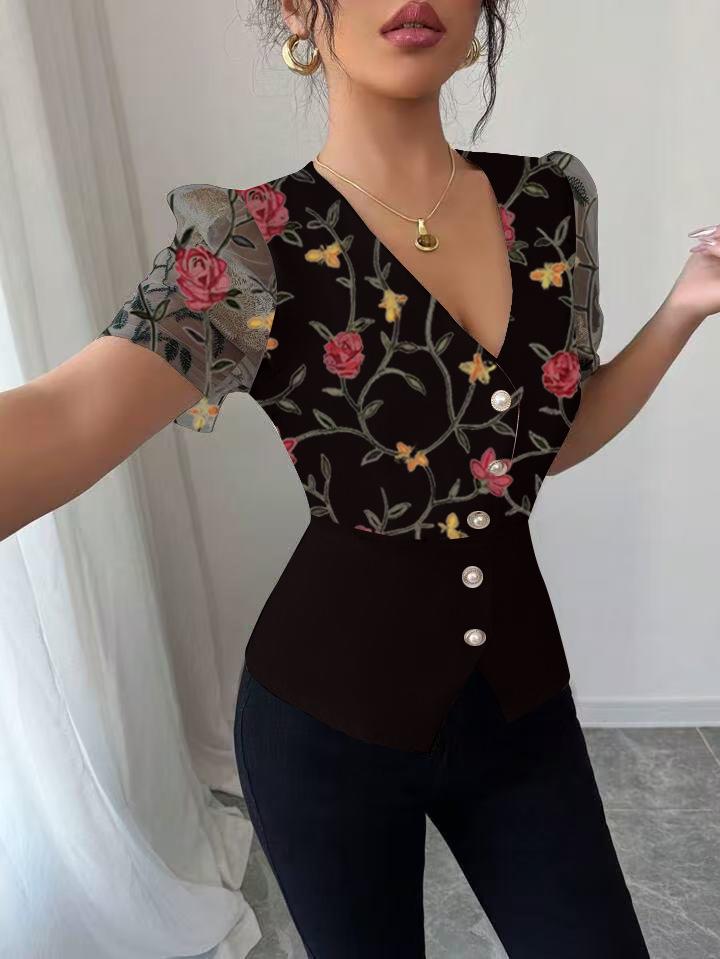 2025 Women's Floral Embroidery Lace Pleated Top - European & American Trend