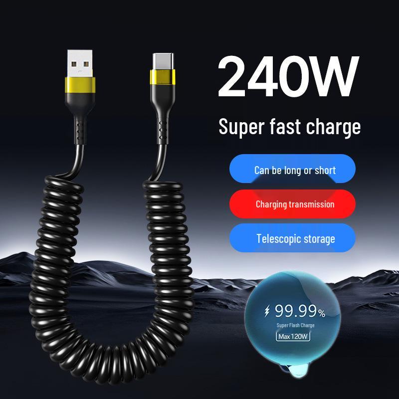 240W Super Fast Charging Retractable Type-C Cable, 6A, Compatible with Apple, Huawei, VIVO