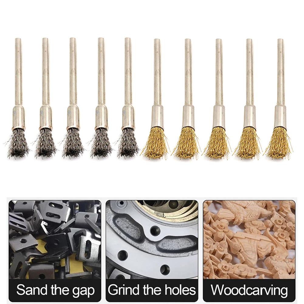 Rotary Tool Wire Brushes 10pcs Stainless Steel and Brass for Burr Removal Rust Removal and Metal Cleaning 3mm Shank