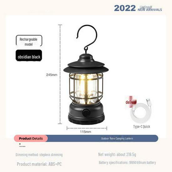 Retro LED Camping Lantern: Portable, Multifunctional, Outdoor, Type-C Rechargeable Tent Light.