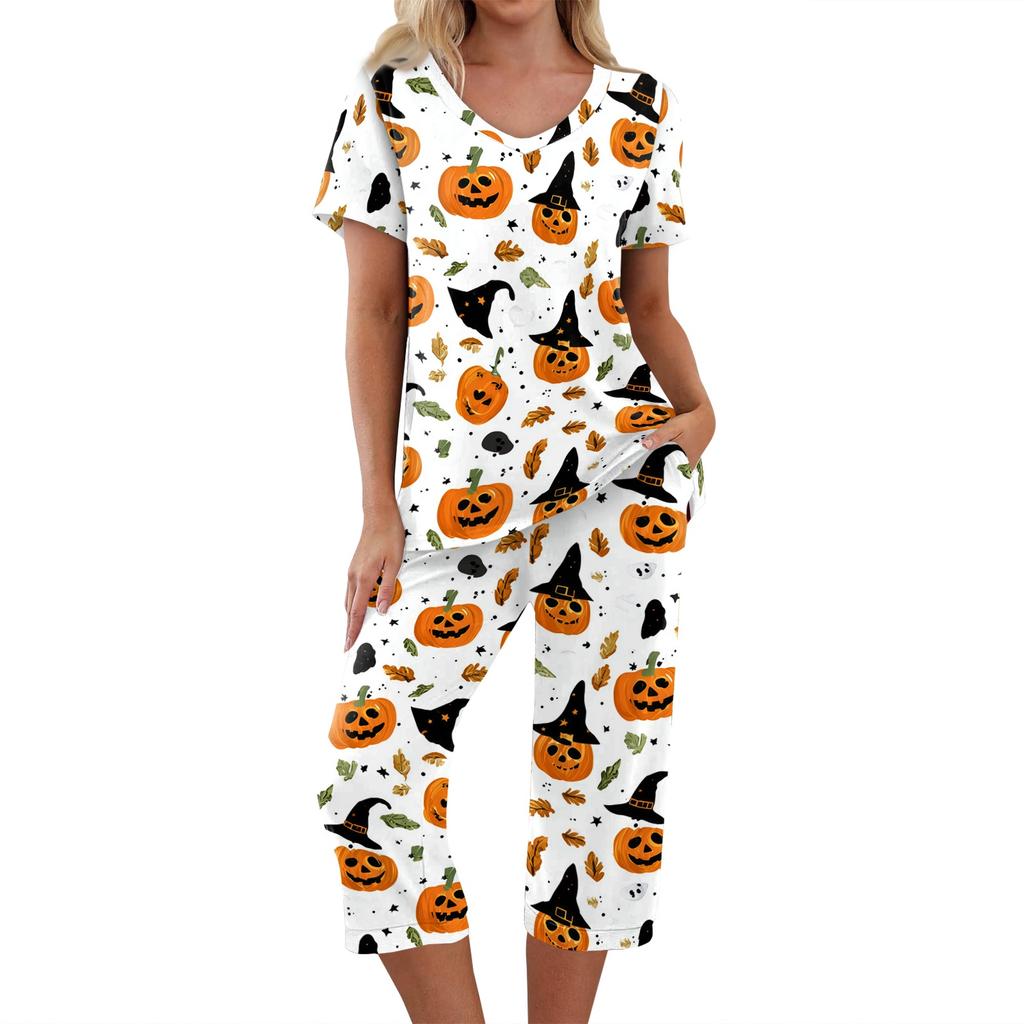 Women's Halloween Two-Piece Outfit Set - Casual Short Sleeve Top and Printed Pants, Comfortable Sportswear for Holiday Parties