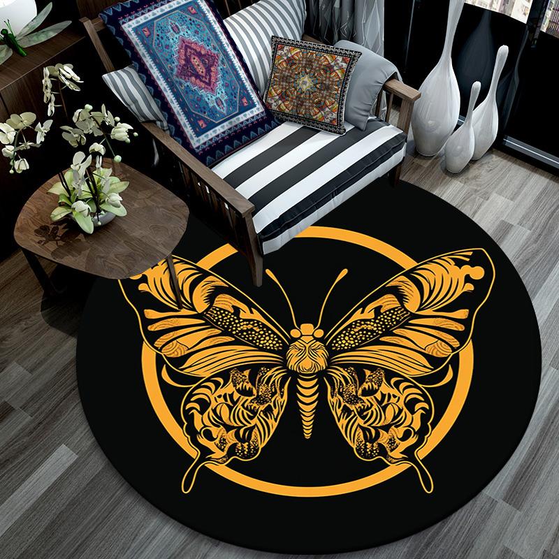 Golden Butterfly Round Area Rug,Carpet Rug for Living Room Bedroom Sofa Playroom Decor,Non-slip Floor Mat