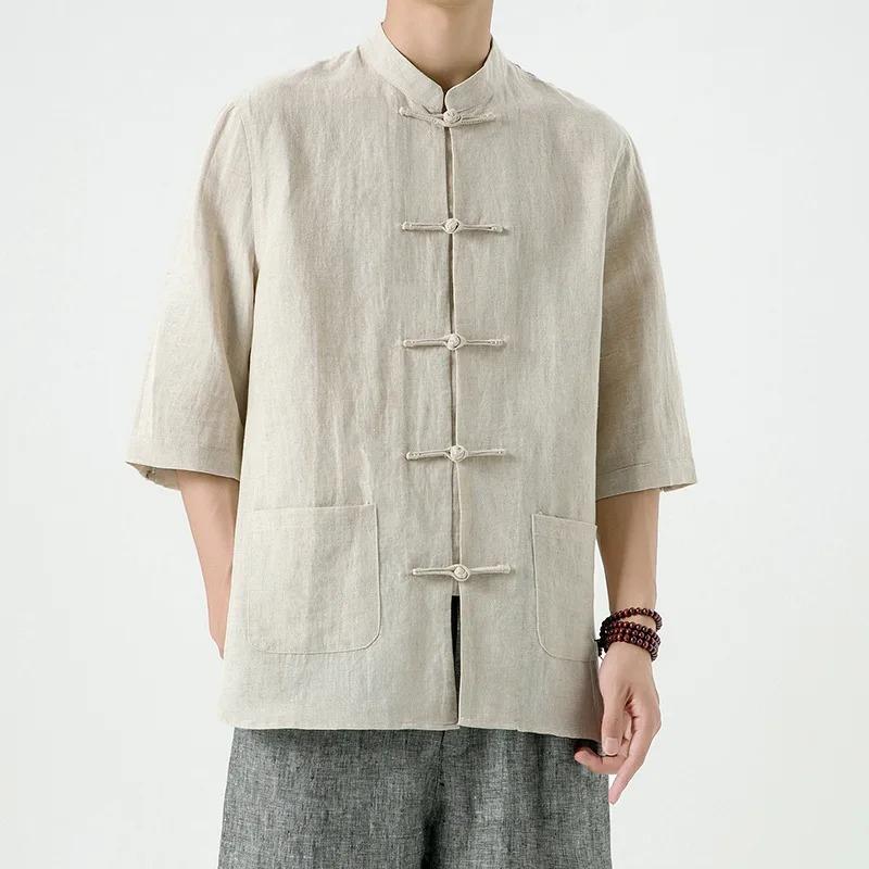 Chinese Style Mens Linen Summer Shirt Retro Stand Collar Half Sleeve Chinese Kong Fu Suit Men Hanfu