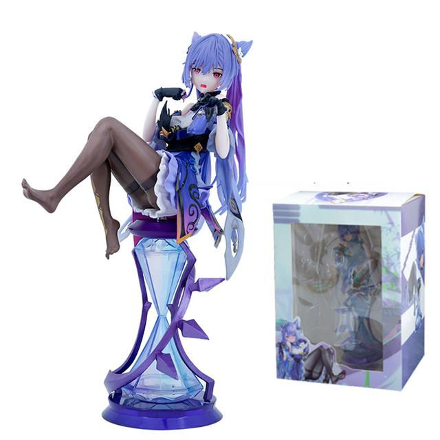 22cm Genshin Impact Anime Figurka Keqing Pvc Figurka Akcji Seksowne Nogi w Czarnej Jedwabnej Pończochy Siedząca Figurka z Gry Model Kolekcjonerski Lalka Prezent