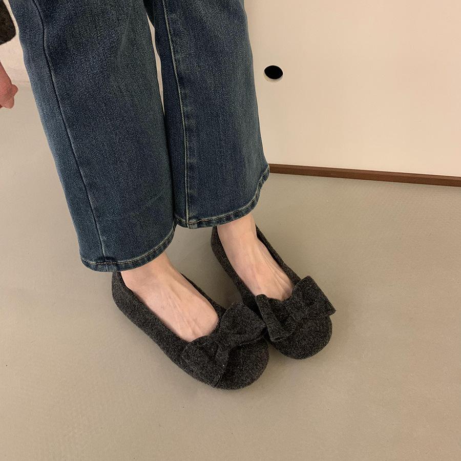 Flat Woolen Gray Single Shoes Women's Shoes Spring and Autumn Bow Commuter Fairy Ladyshoes