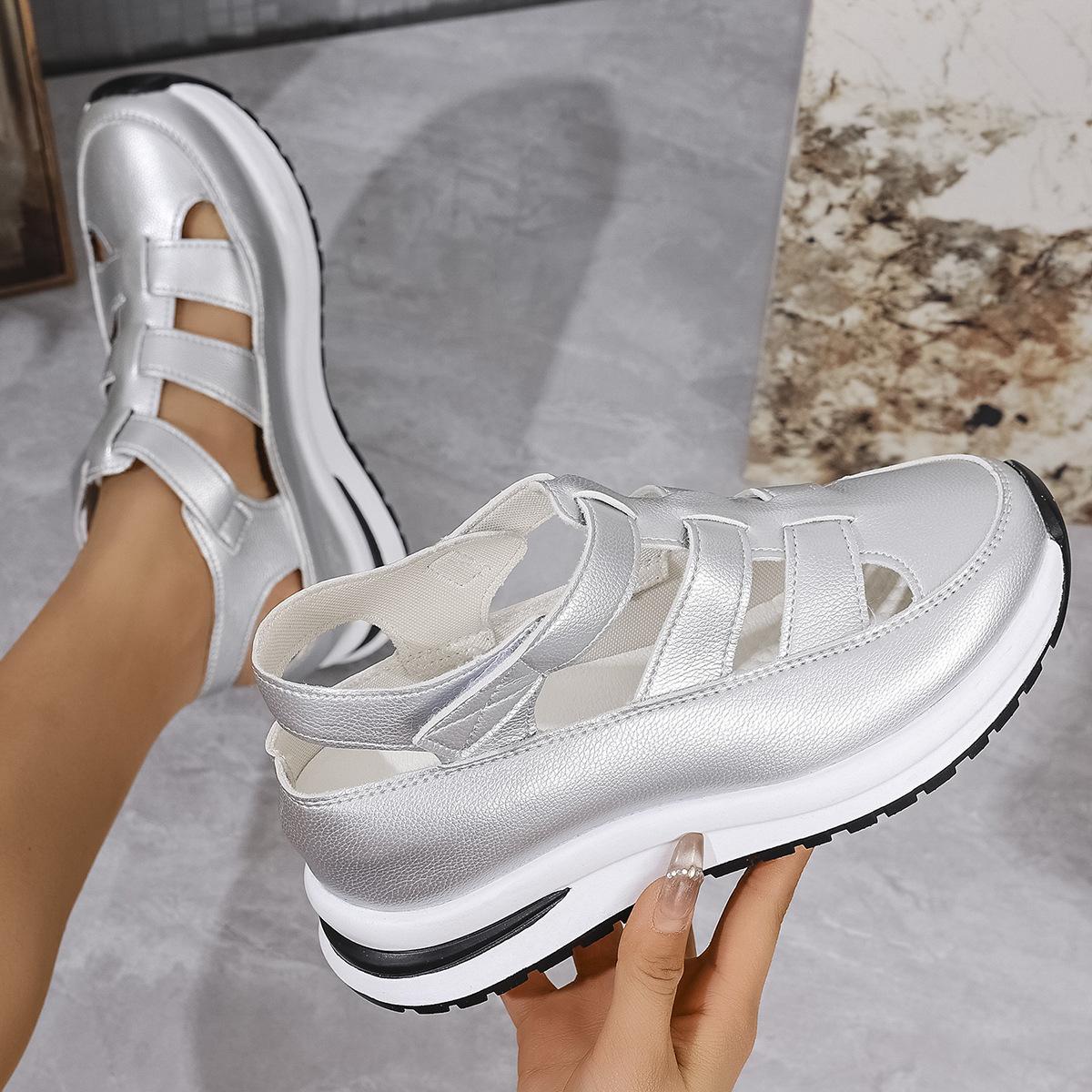

Summer new bag head sandals women s hollow breathable women s shoes large size muffin thick sole Velcro women s shoes 43 серебряный