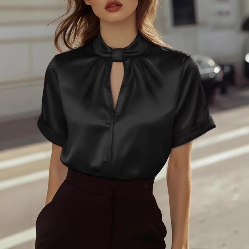 2026 Популярный женский летний однотонный атласный топ с коротким рукавом Рубашка для офиса S чёрный