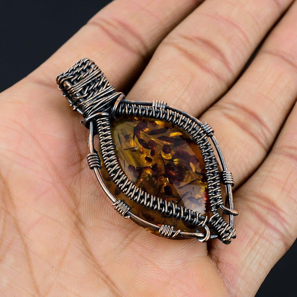 Baltic Amber Pendant, 999 Copper Wire Wrapped Gemstone Jewelry, Handmade Pendant For Mother Day