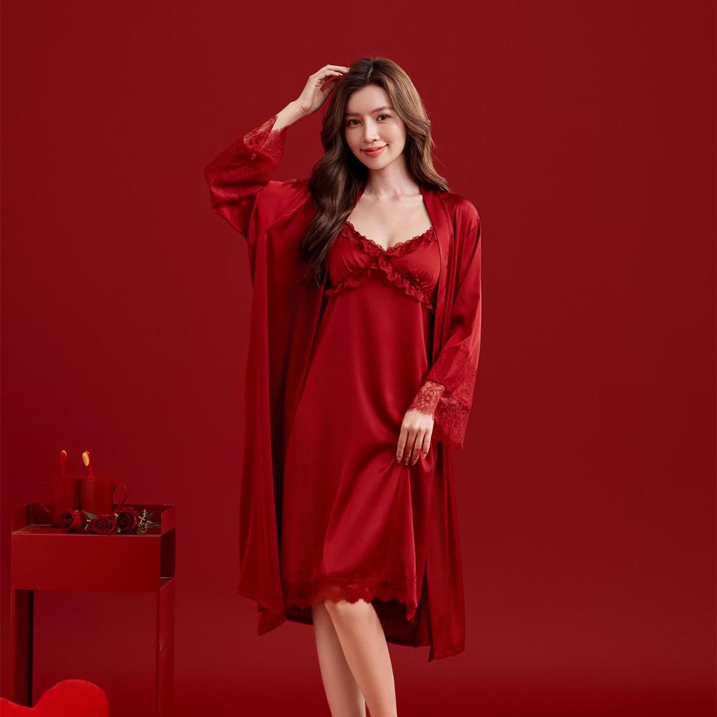 Rotes Seiden-Hochzeitspaar-Pyjama-Set: Damen- und Herren-Homewear-Slipkleid & Morgenmantel