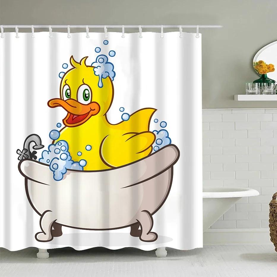 Duck Shower Curtain Cartoon Character Taking A Bath Colorful Drops Backdrop Dots,Cloth Fabric Bathroom Curtains with Hooks