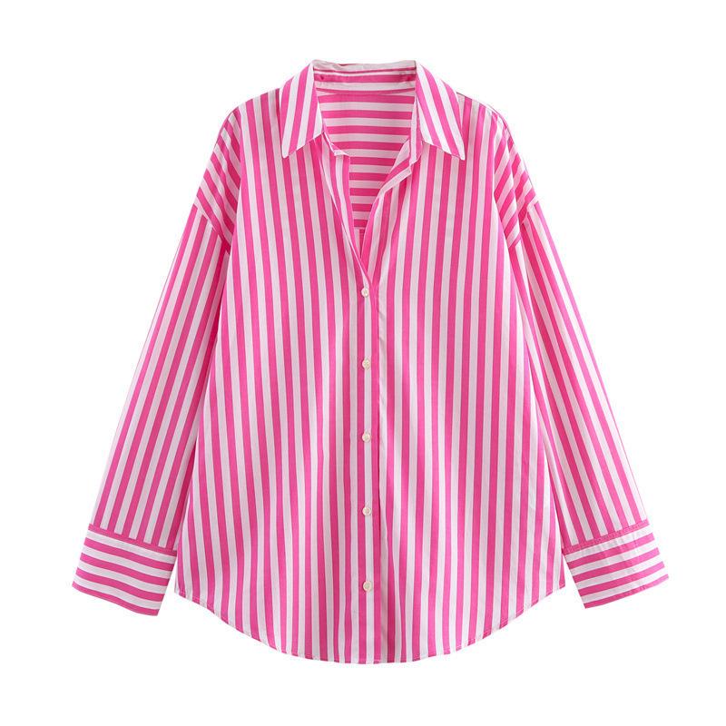 Spring & Autumn Women's European & American Style Striped Lapel Single-Breasted Loose Long Sleeve Shirt