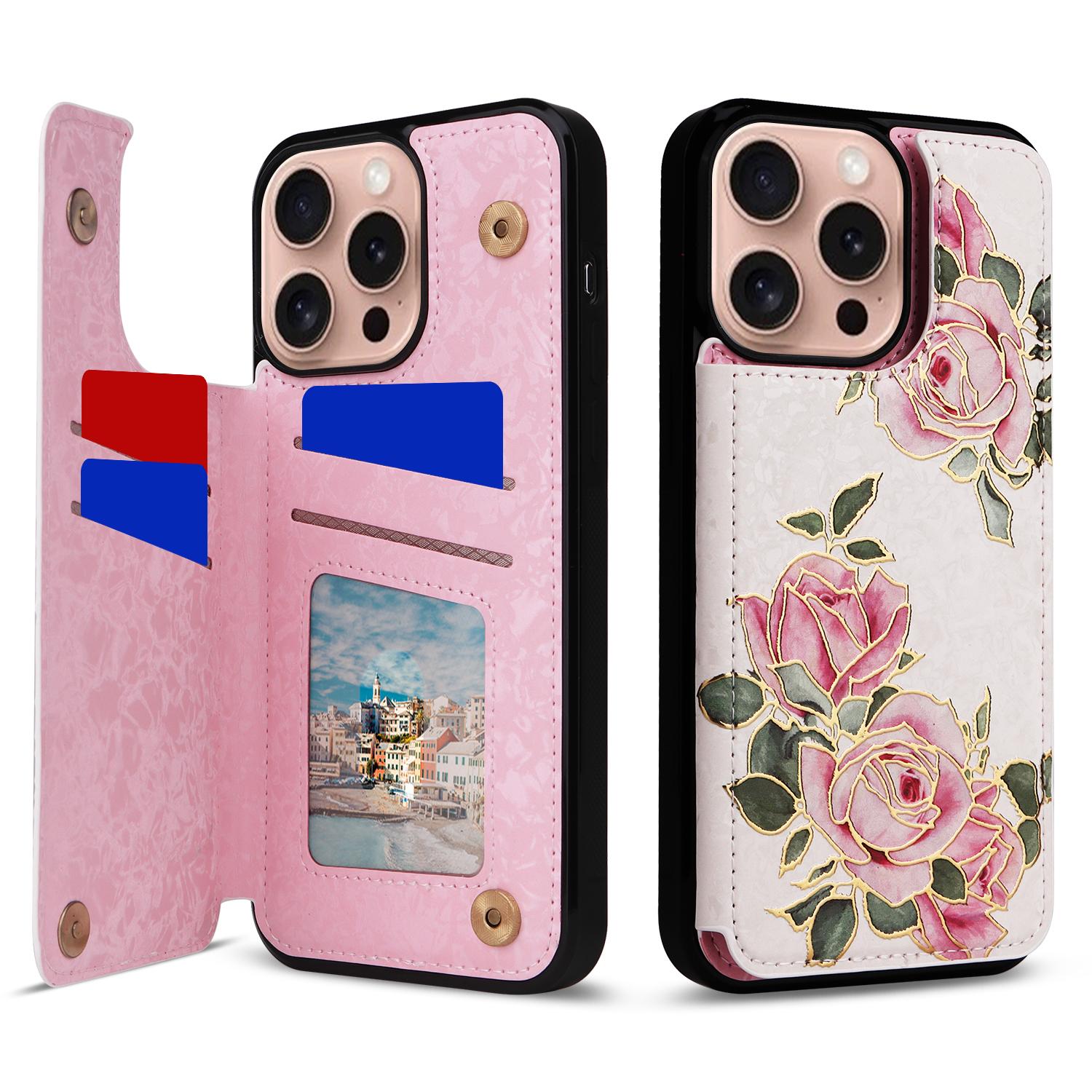 

For iPhone 16 Pro Case Flower Leather+TPU RFID Blocking Card Slots Phone Cover Rose Flower