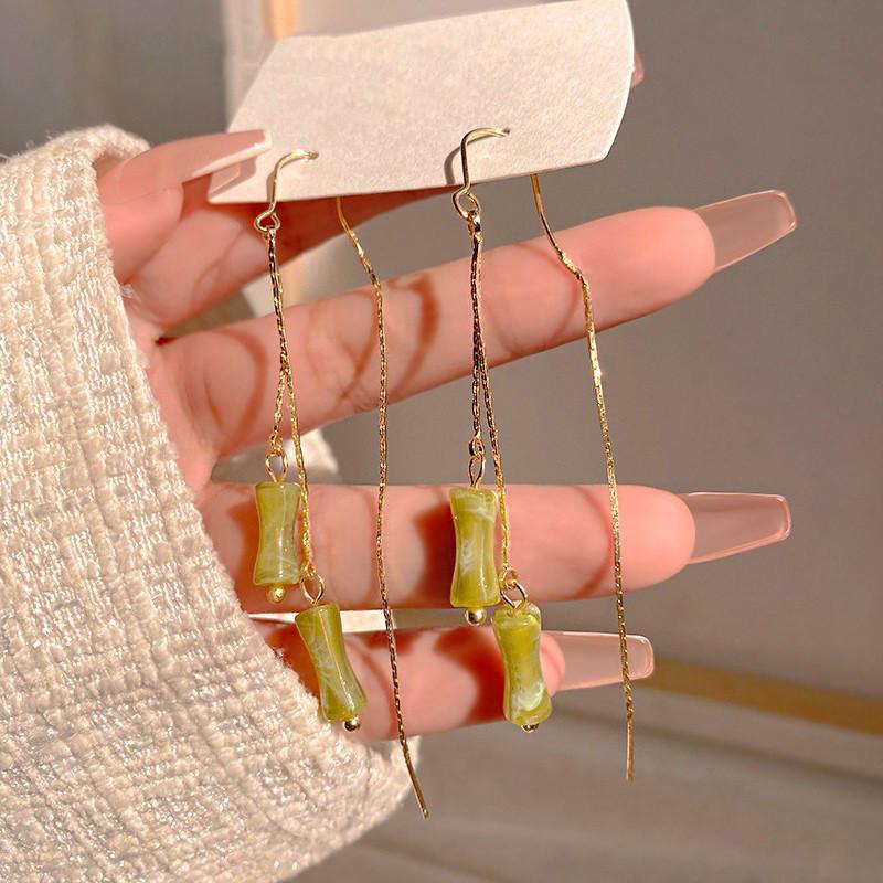 Vintage Bamboo Earrings Chinese Style Copper Ear Drops Long Fringe Green Bamboo Ear Thread