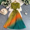Pleated Diamond-Embellished Round-Neck Midi Dress for Women Summer Short Sleeve Lace-up Stunning Ombre Pleated Dress
