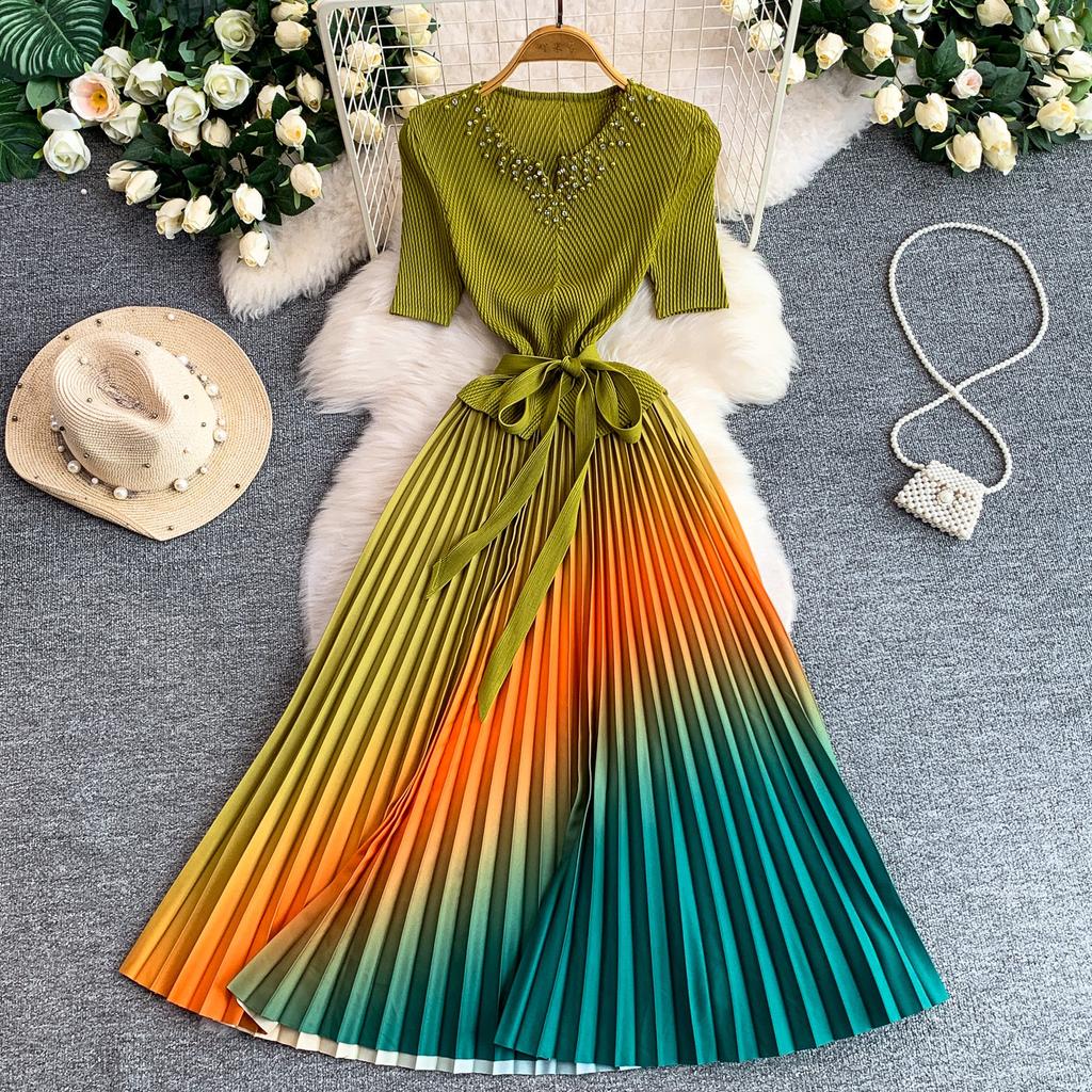 Pleated Diamond-Embellished Round-Neck Midi Dress for Women Summer Short Sleeve Lace-up Stunning Ombre Pleated Dress