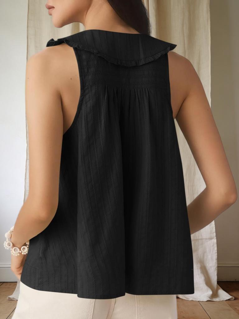 Women's Boho Ruffle Tank Top Peter Pan Collar Eyelet Button Sleeveless Top