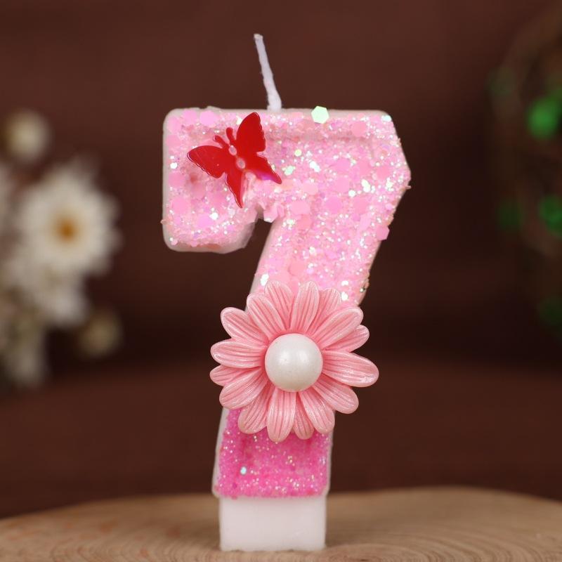 Sequin Pink Flower Butterfly Numbers Birthday Candle Cake Party Decoration One Year Old Handmade Candles 0-9