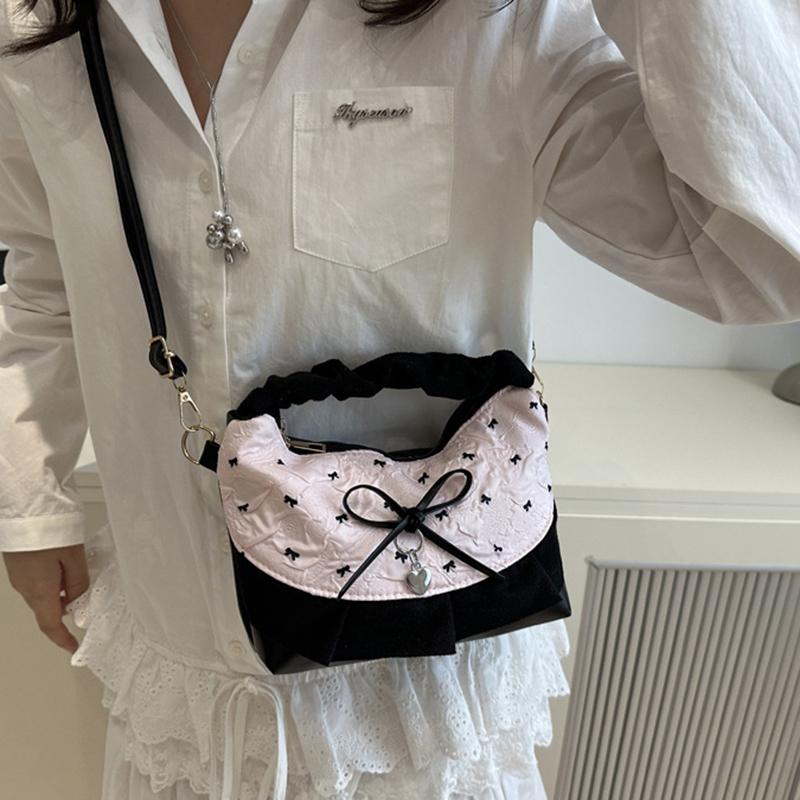 New Lace Plaid Patchwork Handbag French Bow Underarm Bag Small Versatile Cute Sweet Canvas Shoulder Bag Fashion Crossbody Bag
