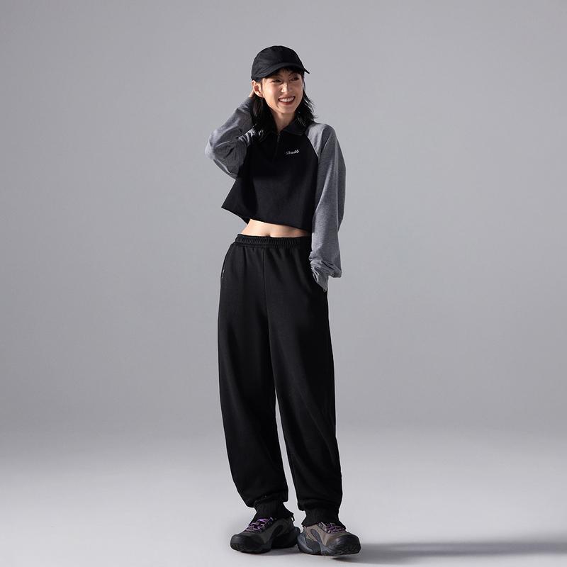 Li Ning CF Suo Tapered Fleece Warm Absorbent Heat Loose Knit Sports Pants Women Pants Black AKLUB58-4