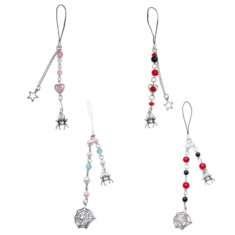 Handmade Beaded Phone Chain Halloween Spiderweb Cellphone Charm Colorful Keyring Pendant Keychain Jewelry Accessory