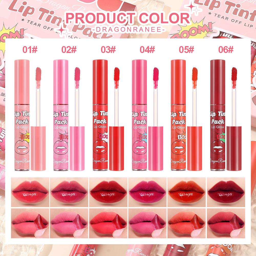 6 stk/boks Tear-Off Lip Gloss Set Vanntett Varig Matt Rød Peel Off Liquid Lipstick Lip Dye Tattoo Tinted Non-Ticky Lip Glaze