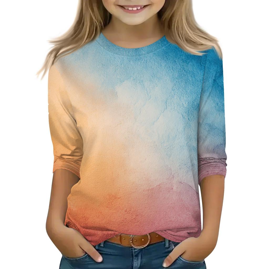 Print Tops For Youth Girls 5-16 Years Round Neck 3/4 Sleeves T-Shirts Trendy Tops Outfit Tees