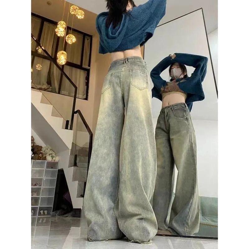Women's High-Waisted Retro Straight-Leg Jeans - Plus Size, Floor-Length, Raw Hem, Spring/Autumn