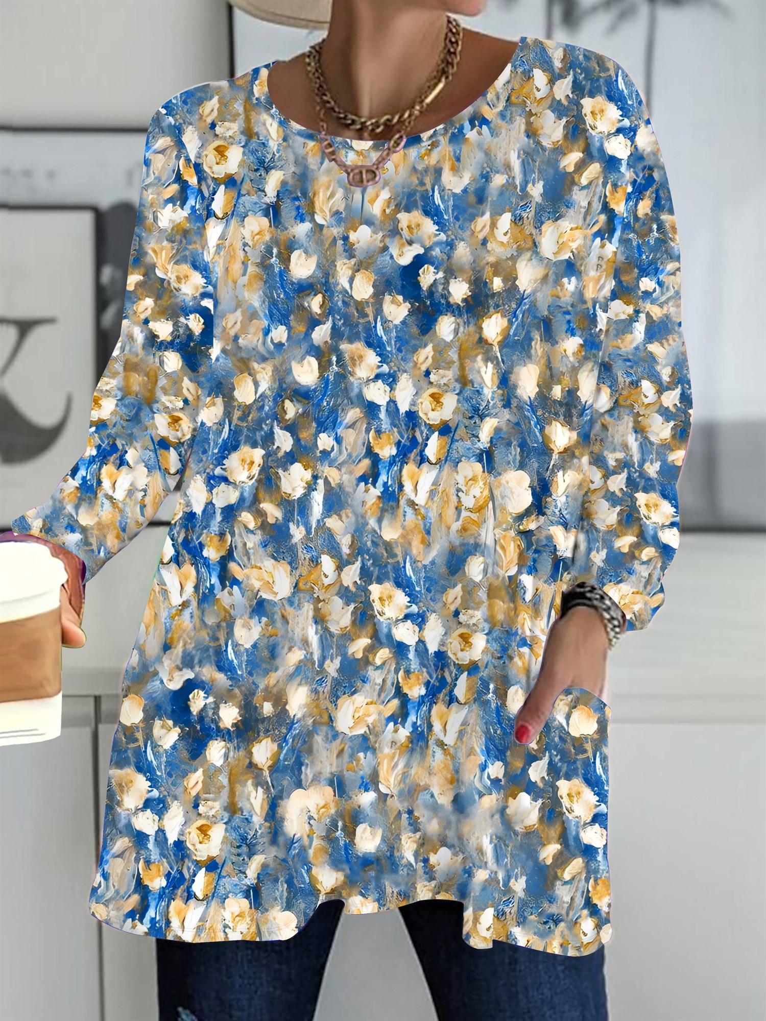 

Осень-Зима 2025 Новые Женские Топы Большого Размера, Модные Футболки с 3D-принтом цветов, с Круглым Вырезом и Длинным Рукавом 6XL темно-синий
