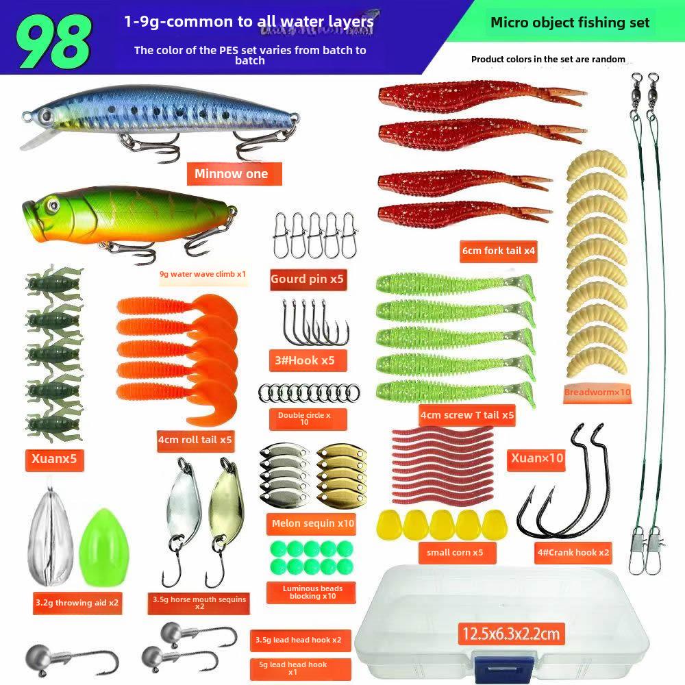 

Набір приманок і приманок: Включає м’які приманки, блискітки, перевернуті жаби та гольян
