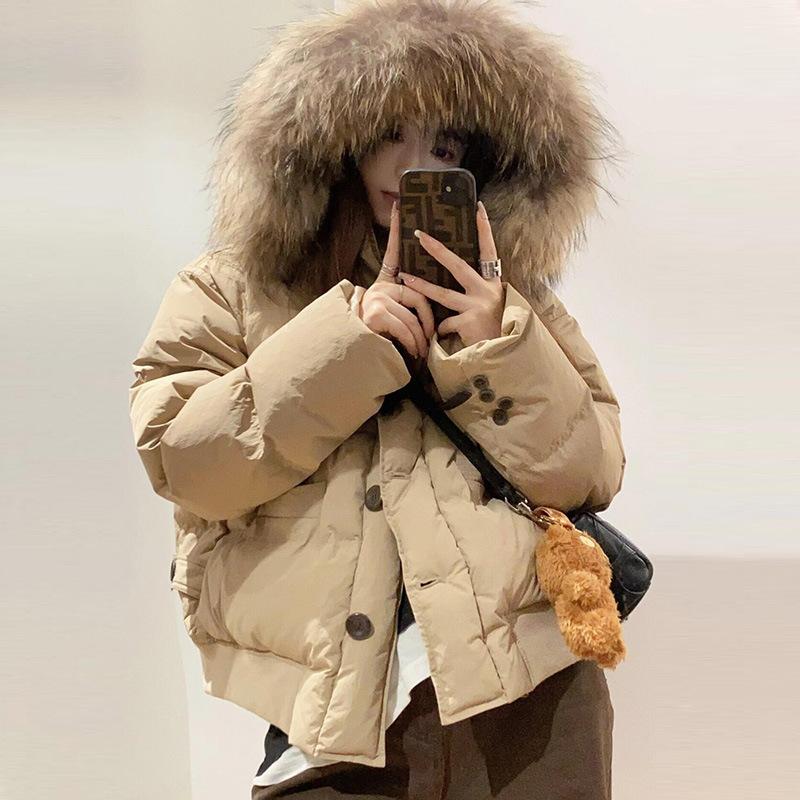 

Короткое хлопковое пальто с большим меховым воротником, женское, 2025 г., новое свободное пальто из хлопка, небольшое утолщенное зимнее пальто из хлопка XL recommended 140-80kg хаки