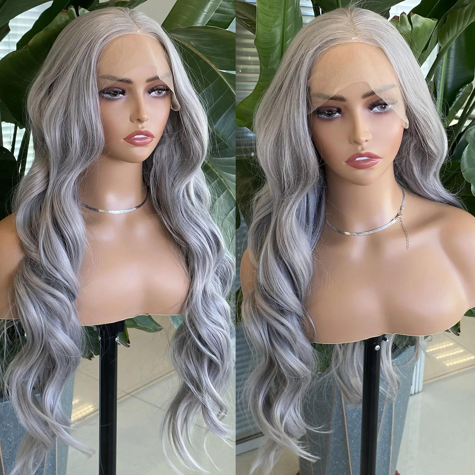 

AIMEYA Platinum Blonde Synthetic Lace Front Wig Long Body Wave Natural Hairline Wigs Heat Resistant Fiber Hair Daily Use Csplay (Silver Grey,24inches&Lace Front)