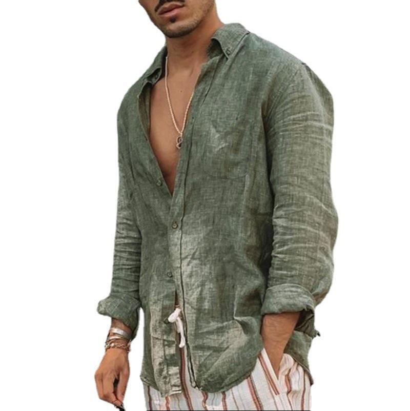 Fashion Men's Loose Big Size Solid Colour Shirt Linen Lapel Long-sleeved Casual Shirt Men's Tops