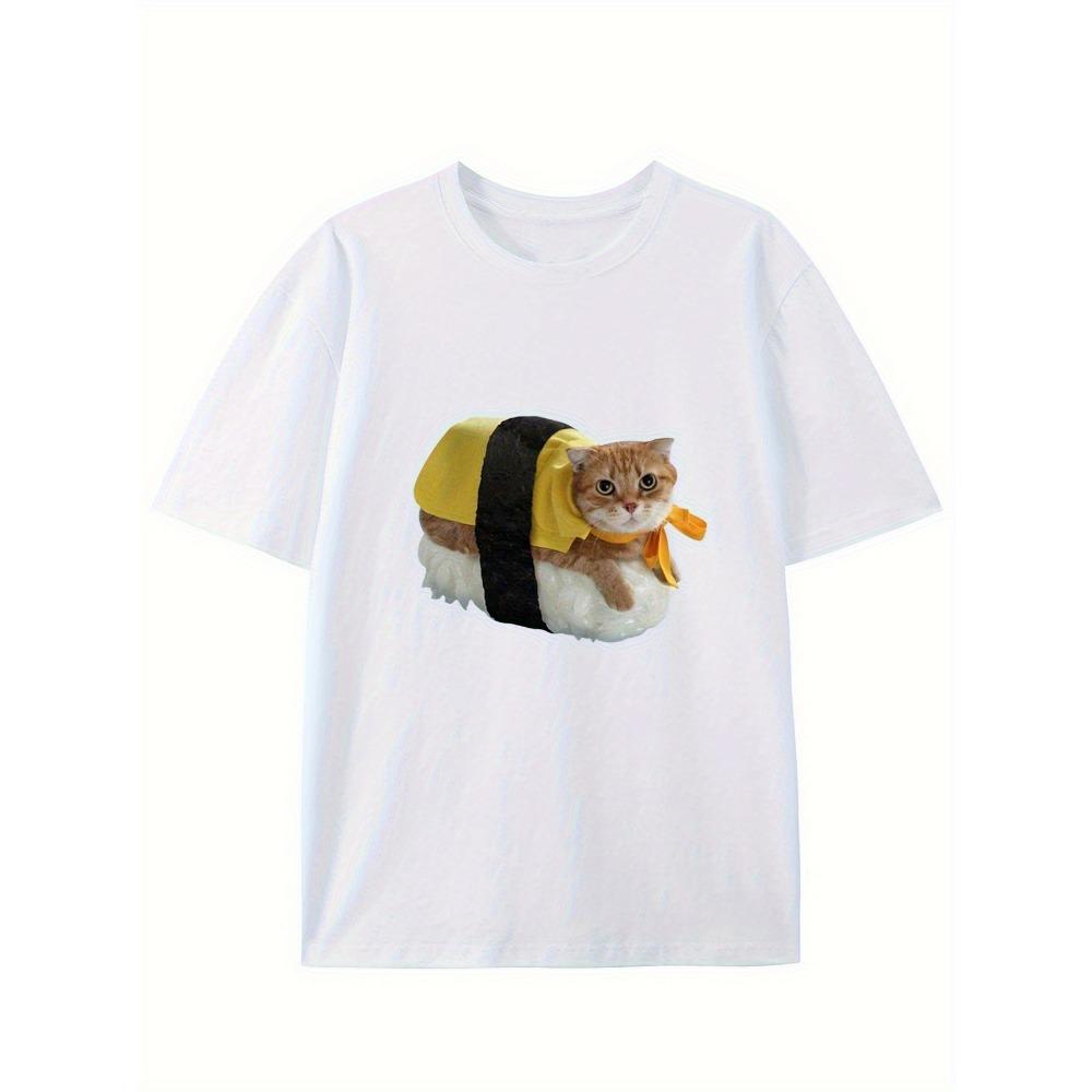 Sushi Cat Print Women T-Shirt Soft Short Sleeve Crew Neck Tee with Cute Kitten Sushi Roll Cat Women Clothing S