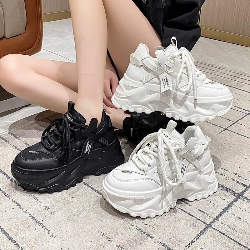 Dam Höga Platå Casual Läderskor Nya Höst Snörning Chunky Sneakers Kilar Dolda Klackar Fritids Vita Skor Dam