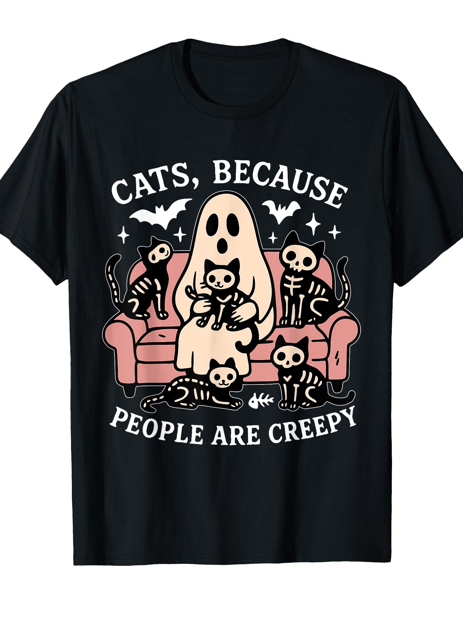 Funny Halloween TShirt  Cats Because People Are Creepy Graphic Tee with Ghosts  Cats  Soft Breathable Cotton Shirt S