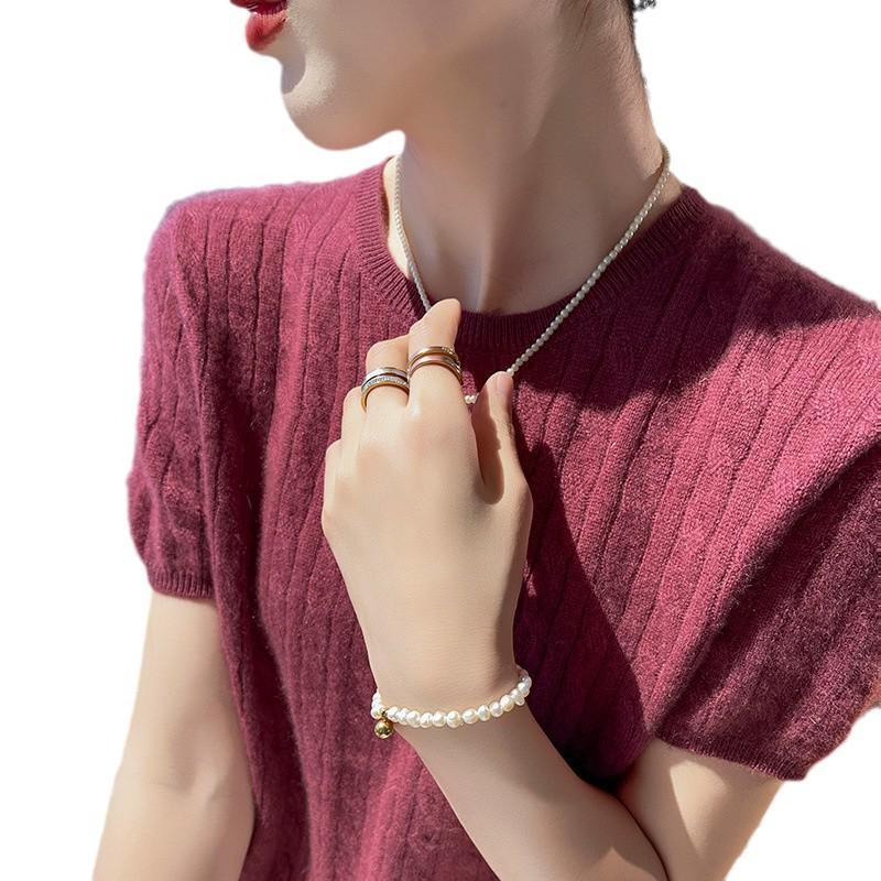 Women's Cable Knit Cashmere Sweater - Round Neck, Five-Sleeve, Solid Color, Perfect for Spring and Autumn.