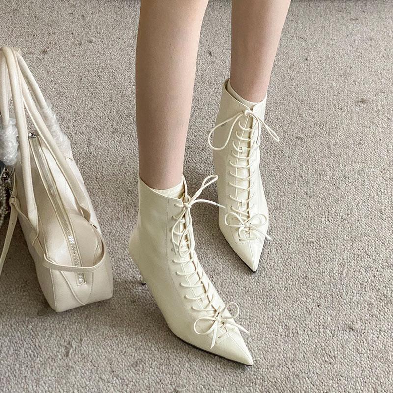 Modă Modă Cu Șireturi Glezna Dama Cizme Moderne Tocuri Subțiri Pantofi Vârf Ascuțit Elegant Femei Cizme Scurte Pantofi cu Tocuri Dama