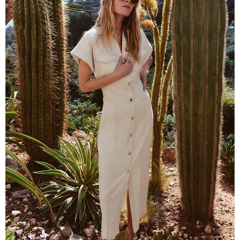 Summer New Women Clothes Lapel Waist Pleated Short Sleeve Temperament Midi Dress 3220622 2284576