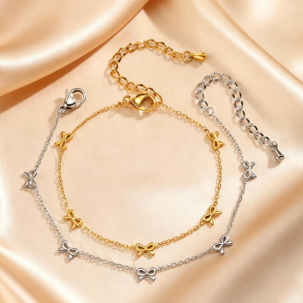 Classic Dainty Gold Plated Bowknot Bracelet for Women , Stainless Steel Thin Chain Bow Charm Bracelet, Minimalist Trendy Jewelry