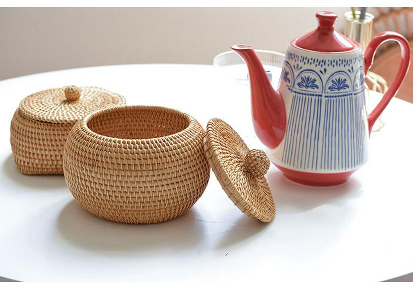 Vietnamese Woven Rattan Snack & Game Storage Basket with Lid
