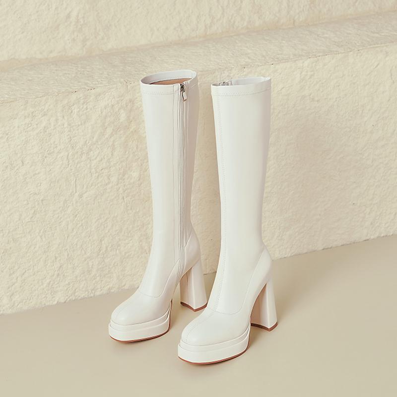 

Winter Fashion Elastic Slim Platform Woman Knee High Boots Fashion Punk Chunky Square Heels Long Booties 35