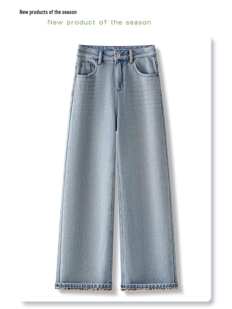 Light Blue Retro Wide-Leg Fleece-Lined Women's Jeans 2024 - Thick Winter Straight-Leg Casual Pants