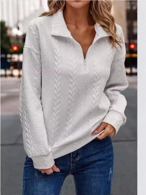 European and American Women's Quilted Zipper Collar Long-Sleeve Sweatshirt - Solid Color, Versatile for Spring and Autumn