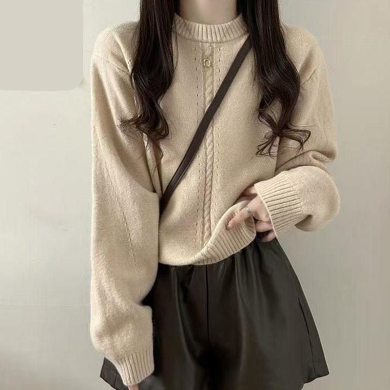 Women's Twisted Wool Knit Outerwear - Round Neck, Loose Fit, Lazy Style, Autumn/Winter.