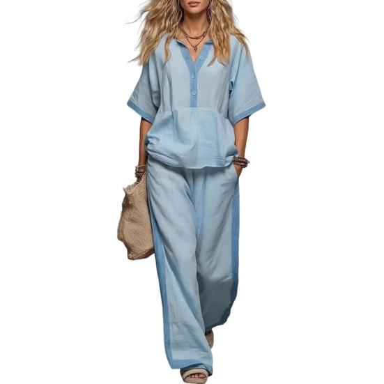 Conjunto de Algodón y Lino para Mujer, Verano, Cuello en V, Corte Holgado y Cintura Elástica, Pantalones Palazzo de 2 Piezas, Conjunto Casual Cómodo de Top y Pantalones de Pierna Ancha para el Hogar